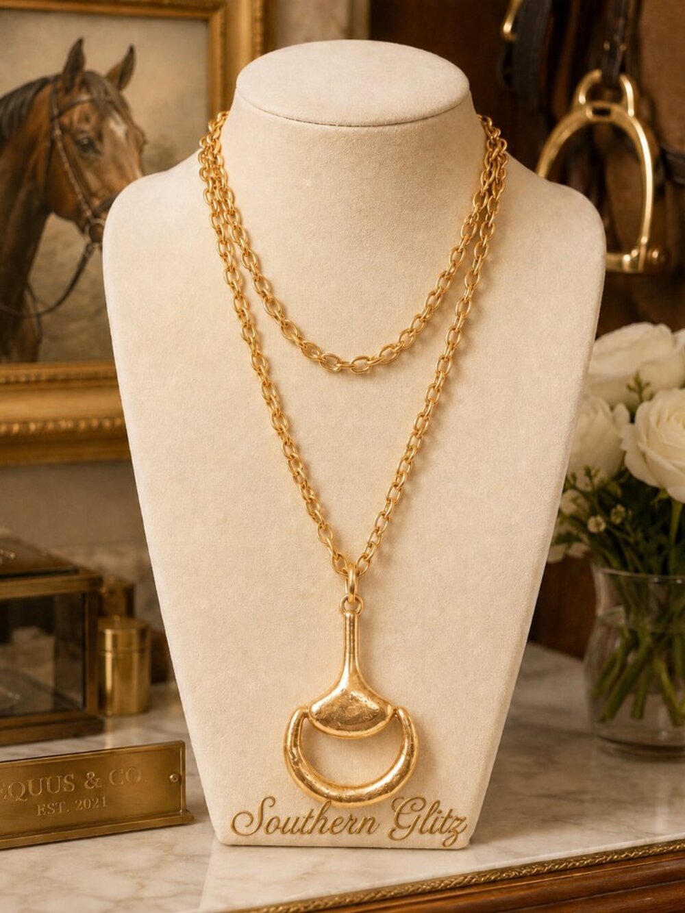 Gold Equestrian Horse Bit Necklace, Double Strand Statement Pendant, Snaffle Bit